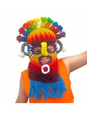 ⭐Handmade Aya Huma Diablo Umo Inca's kids Knit Mask Ecuador Black Inti Raymi New